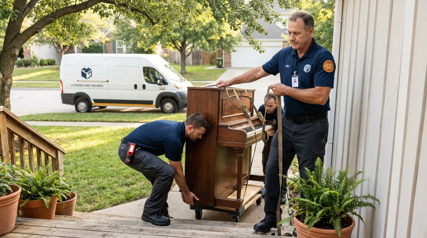 Licensed piano movers securing grand piano in Ida Grove, IA