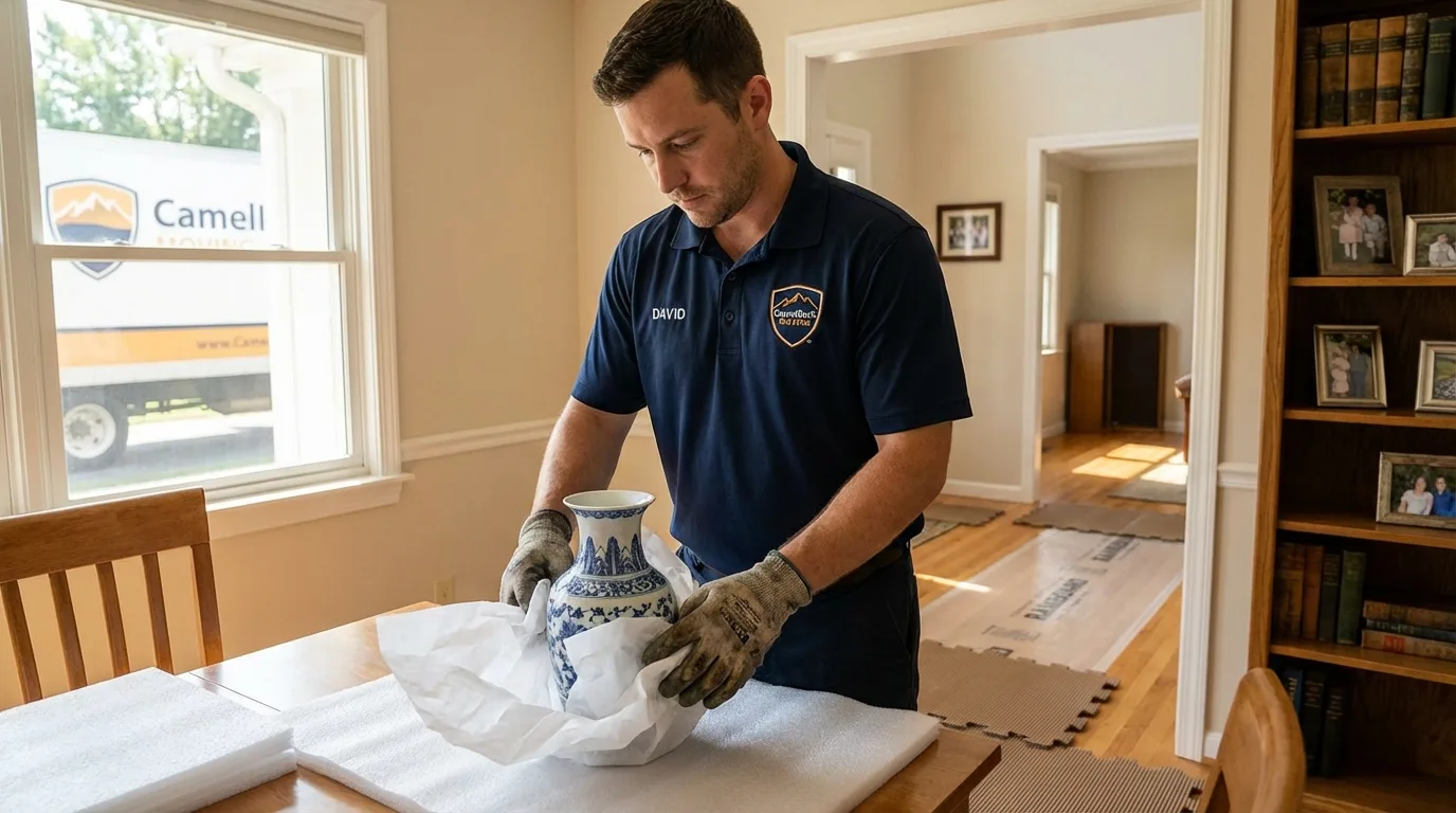 Professional crew carefully wrapping antique vase for senior downsizing move in Ida Grove, IA